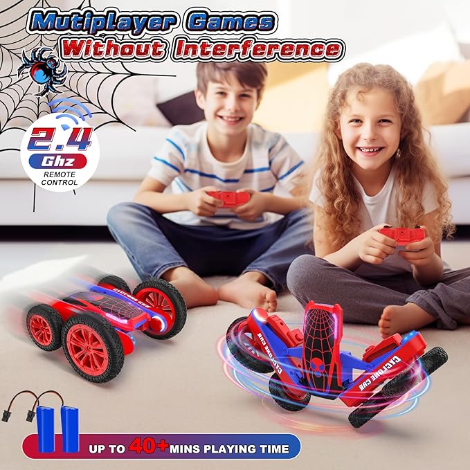 Spider Remote Control Car for Kids - 2.4Ghz Fast RC Stunt Cars, 360° Rotating 4WD RC Crawler with Lights, Rechargeable Car Toy for Boys Ages 6 7 8 9 10 Birthday Black&Red