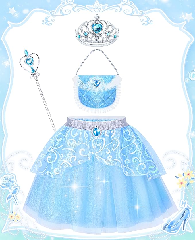 Jeowoqao Princess Dress Up for Girls, Princess TuTu Skirts Toddler Princess Dress Up Pretend Play Set with Princess Crown Gloves Tutu for Girls 3 4 5 6 Birthday Christmas Gift