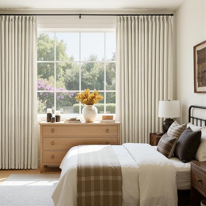 Extra Wide Pinch Pleat 100 x 108 Inch Linen Semi Sheer Curtains 1 Panel | Neutral Beige, for Living Room Patio Glass Sliding Door Dining Bedroom Large Window, Light Filter, Pinch Pleated W100xL108