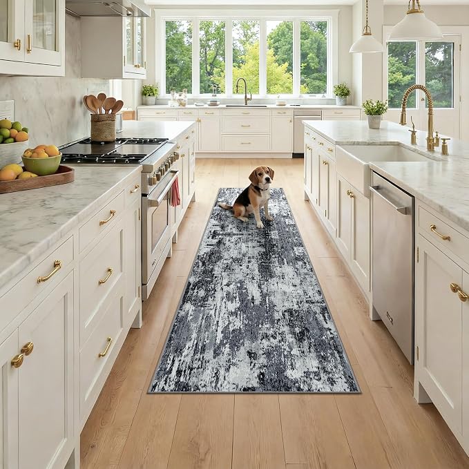 RELEANY Washable Runner 2'x7' Abstract Area Rug for Hallway Black White | carpet for kitchen, entryway, bathroom, living room, bedroom, printed pattern, non-slip, soft, stain-resistant, easy to clean
