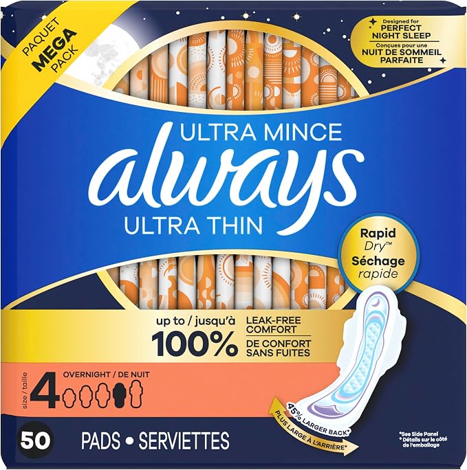 Always Ultra Thin Feminine Pads with Wings for Women, Size 4, Overnight Absorbency, Unscented, Up to 100% Leak-Free Comfort, 50 Count