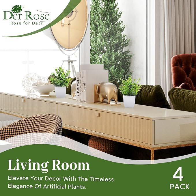 Der Rose 4 Pack Fake Plants, Greenery Potted Plants for Home Decor Indoor | Unique artificial plants, no-care potted greenery, for desk table windowsill bathroom office farmhouse and classroom decor