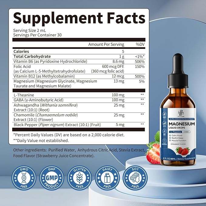 Liquid Magnesium Glycinate Drops for Sleep Support & Nighttime Calm,Magnesium Drops with Chamomile, Ashwagandha, L-Theanine & GABA for Relaxation Support, Gentle Absorption, Strawberry Flavor, 2 Fl Oz