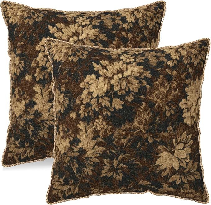 Neutral Flowers Dark Brown Soft Velvet Throw Pillow Covers Set of 2 Boho Vintage Abstract Floral Decorative Pillow Covers 16x16 Inch Retro Bohemian Pillow Case For Sofa Couch Farmhouse Home Decor