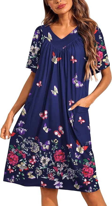 Ekouaer Womens House Dress Floral Print Nightgown with Pockets Mumu Dress