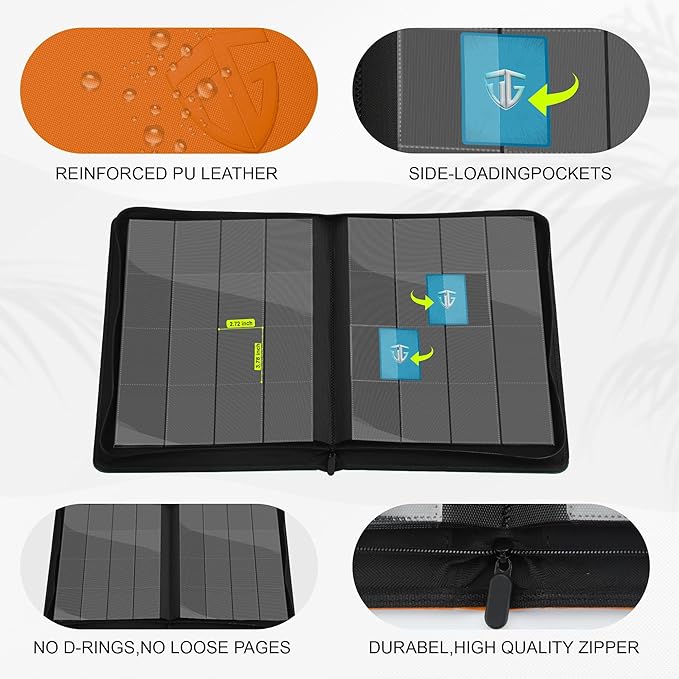 16 Pockets Trading Card Zipper Binder for 1000+ Cards| Secure Side Loading Pockets | Trading Card Album Folder | Compatible with YuGiOh, MTG,Sports Cards (Orange 16)