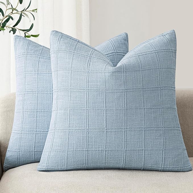 Foindtower Set of 2 Decorative Linen Check Throw Pillow Covers Neutral Farmhouse Vintage Cushion Covers Modern Boho Accent Home Decor for Sofa Chair Couch Bedroom Living Room,26×26 Inch,Sky Blue