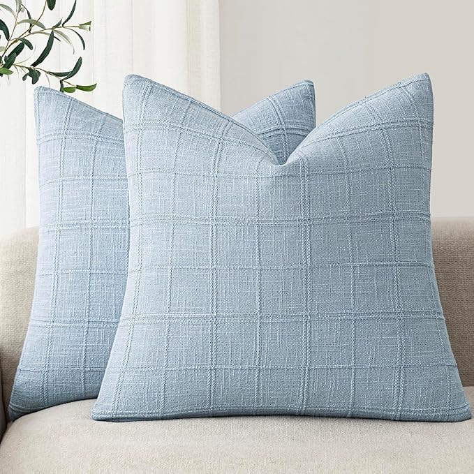 Foindtower Set of 2 Decorative Linen Check Throw Pillow Covers Neutral Farmhouse Vintage Cushion Covers Modern Boho Accent Home Decor for Sofa Chair Couch Bedroom Living Room,16×16 Inch,Sky Blue