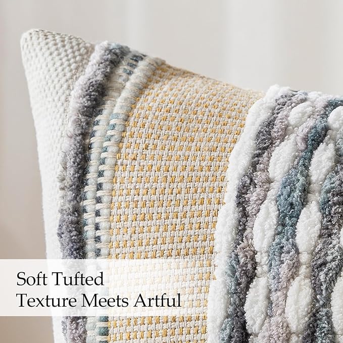 ANRODUO Boho Decorative Pillow Covers Gray Blue Stripe 20x20 Inch Pack of 2 | Throw Pillow Covers, Farmhouse Cushion Case, Chenille Pillow Cases, Pillow Covers, Accent Neutral Pillowcase for Couch Bed