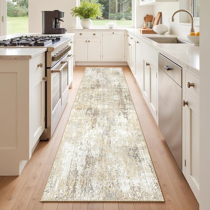 RELEANY Washable Runner 2'x6' Abstract Area Rug for Hallway Neutral Brown | carpet for kitchen, entryway, bathroom, living room, bedroom, printed pattern, non-slip, soft, stain-resistant, easy to clean