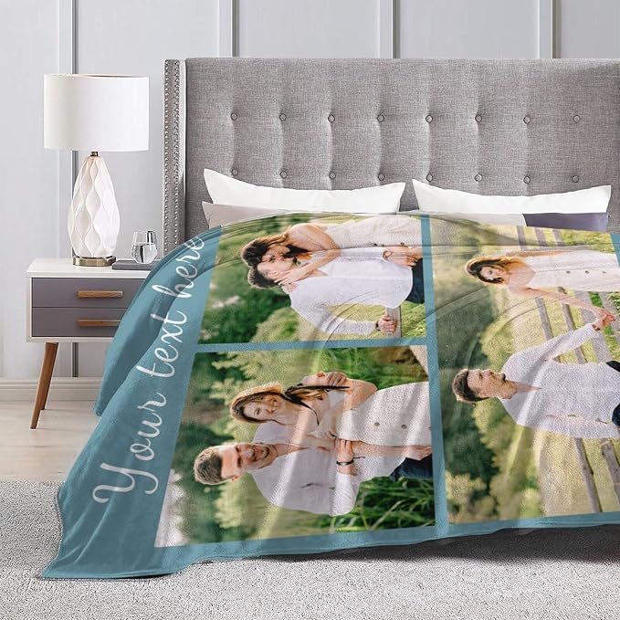Custom Blanket with Picture Text, Personalized 3 Photo Blanket, HD Printing Customized Flannel Throw Blanket Gifts for Mom Dad Couple Girlfriend Boyfriend Wife Husband Christmas