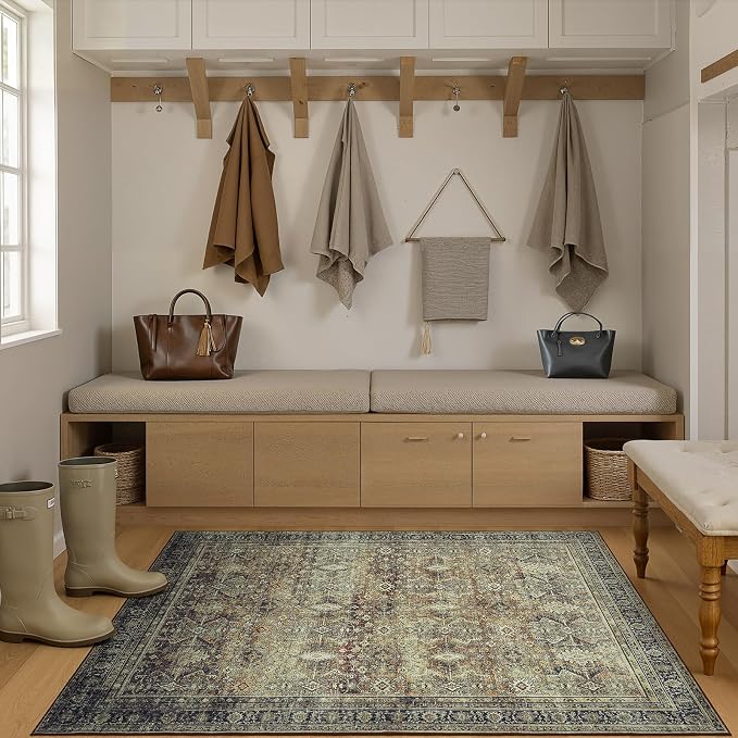 3x5 Area Rugs for Entryway, Brown Washable Non-Slip Area Rug for Kitchen | Low Pile Soft Small Rugs, Vintage-Style Carpet for Bathroom Bedroom Tool Room, Stain Resistant, Foldable Distressed Rug