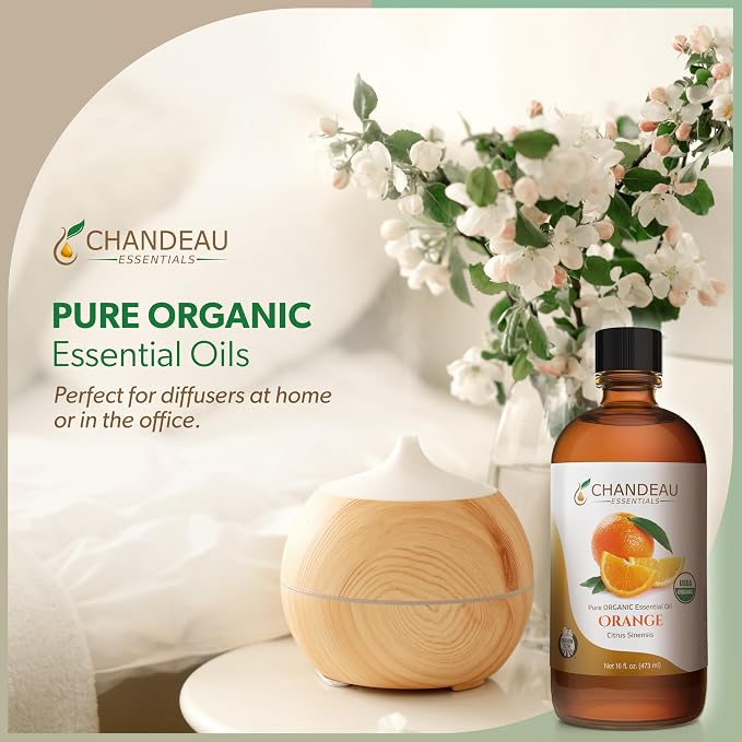100% Pure Organic Essential Oil, Pure Orange Essential Oil for Aromatherapy, Soap Making, Candles, Laundry, Perfume, Cleaners or Diffusers - Large Amber Glass Bottle, 16 oz.