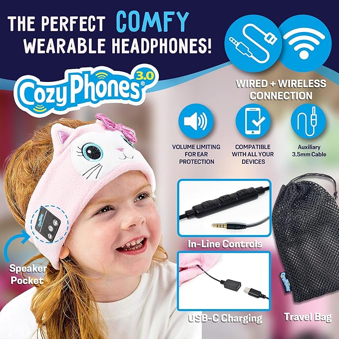 Toddler Headphones Wireless, Kids Bluetooth Earphones, Safe Volume - Wired School Headphones for Kids with 3.5 MM Jack and Travel Bag - Toddler Airplane Accessories for Boys & Girls - Kitty