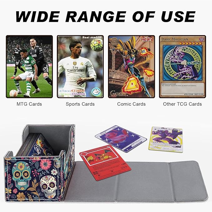 DEGDFSGR for TCG MTG Card Game Storage Box Organizer Trading Card Case Commander Deck Box Magnetic Closure Creative Pattern Up to 200 Cards, Sugar Skull Pattern
