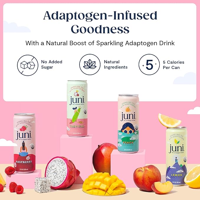 Juni Sparkling Adaptogen Drink with Ashwagandha, Lion’s Mane & Reishi Mushrooms, Green Tea for Focus, Zero Sugar, 5 Calories, Organic, Non Alcoholic Drinks - Lemon 12 pack