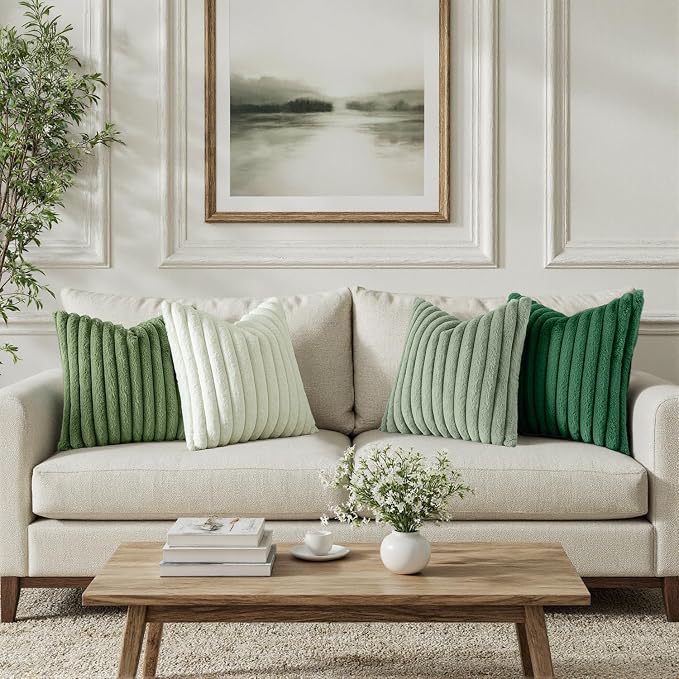 MIULEE Faux Fur Plush Decorative Throw Pillow Covers 18x18, Green | Set of 4, Striped, Soft Modern Cozy Home Decor, Cushion Cases for Sofa Couch Bed Living Room