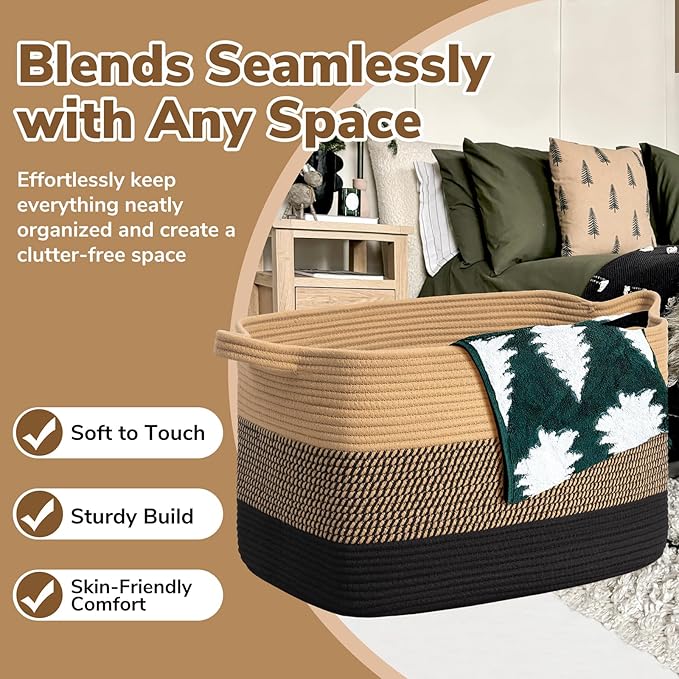 Goodpick 85L Large Woven Blanket Basket, Rectangle, Black Jute | 23.6'' x 15.7'' x 13.8'' Wicker Storage Basket for Blankets, Pillows & Toys, Living Room, Bedroom & Nursery Organization