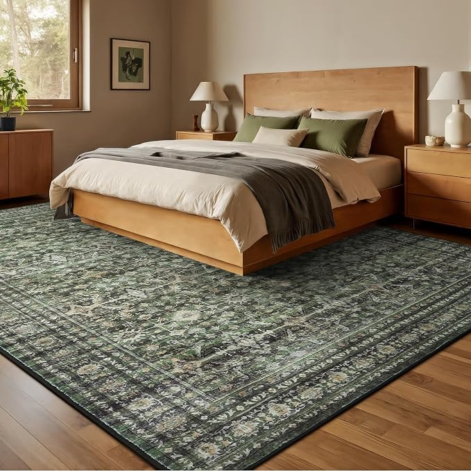 10x12 Area Rugs for Living Room, Green Washable Non-Slip Large Carpet | Soft Boho Area Rug for Bedroom Dining Room Home Office Indoor Nursery, Stain Resistant, Low Pile, Vintage Distressed Rug