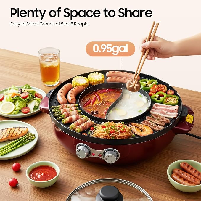 2 in 1 Hot Pot with Grill,2200W 110V Electric Removable Korean BBQ Hotpot Pots,Dual Control Shabu,Multi-Function Smokeless Barbecue Electric Baking Pan,Dual Split Design, for 5 to 15 People