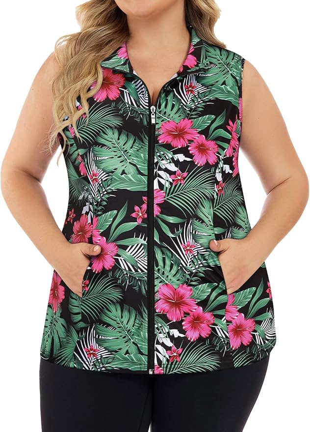 Misyula Style Plus Size Womens Golf Shirt Full-Zip with Pockets Tank Tops | Sleeveless, Quick Dry, Moisture-wicking, Lightweight Vests, Athletic, Tennis, Running, Workout, Casual, Travel, Work