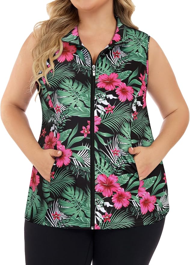 Misyula Style Plus Size Womens Golf Shirt Full-Zip with Pockets Tank Tops | Sleeveless, Quick Dry, Moisture-wicking, Lightweight Vests, Athletic, Tennis, Running, Workout, Casual, Travel, Work