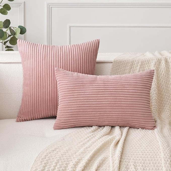 MIULEE Euro Corduroy Throw Pillow Covers Set of 2 24x24 Blush Pink | Soft Striped Textured Cushion Cases, Boho Square Lovely Cute Pillowcases, Home Decor for Couch Chair Sofa Bed Living Room