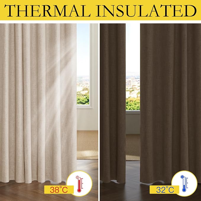 NICETOWN 100% Blackout Beige Linen Curtains 90" Length with Thermal Insulated Liners for Bedroom, Farmhouse Style Room Cooling Window Treatments for Apartment/Condo Dining Room (2 Panels, 52" W)