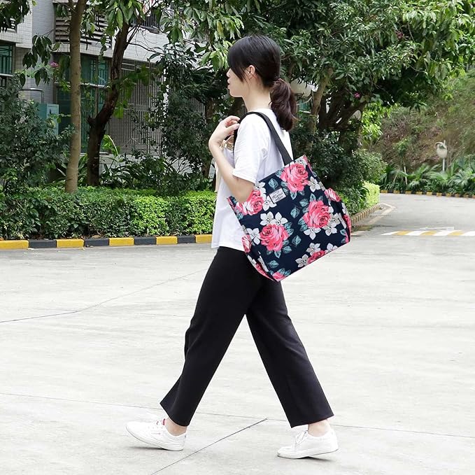 KAMO Floral Tote Bag - Waterproof Lightweight Handbags Travel Shoulder Bag for Hiking Yoga Gym Swimming Travel Beach