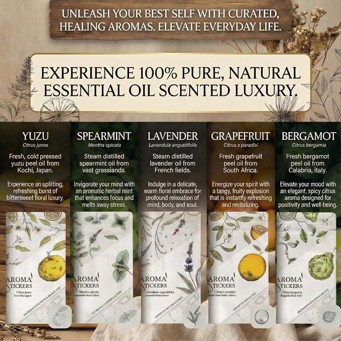 AROMA STICKERS® (Spearmint, Pack of 3) - 100% Natural Essential Oil Scented - Sticker Diffuser for Personal Space - Face Mask & Pillow - Refreshing & Focus (Pack of 3, 36 Stickers in Total)