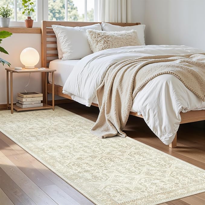 Soalmost Washable Runner Rug 2'6"x8' Kitchen Hallway Runners Beige/Brown | Soft Non-Slip 2.5x8ft Carpet for Entryway Bathroom, Low Pile Vintage Foldable Floor Mat for Corridor Laundry Room Bedroom