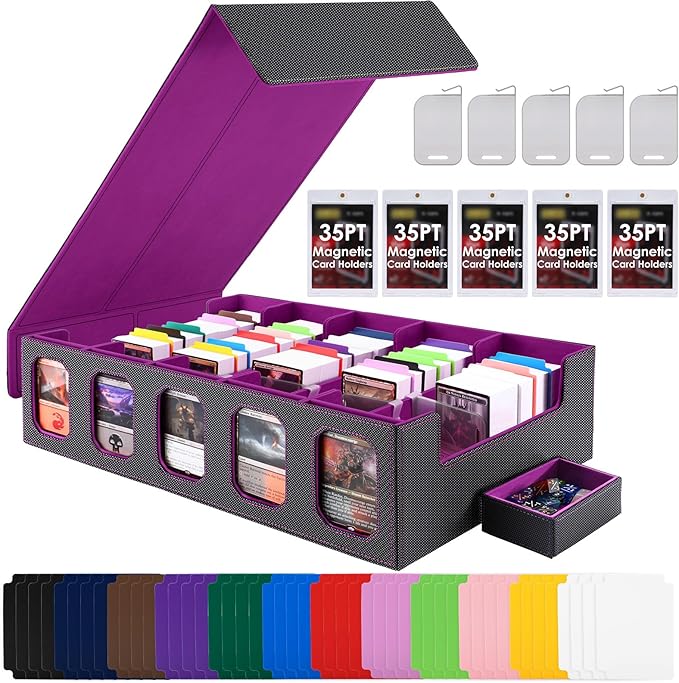 Trading Card Storage Box with Commander Display, 5-Row Deck Case with Removable Lid, 4000+ MTG Deck Box with 48 Colorful Divider, 5 Magnetic Card Holders, 5 Stoppers, Dice Tray(Black Purple)