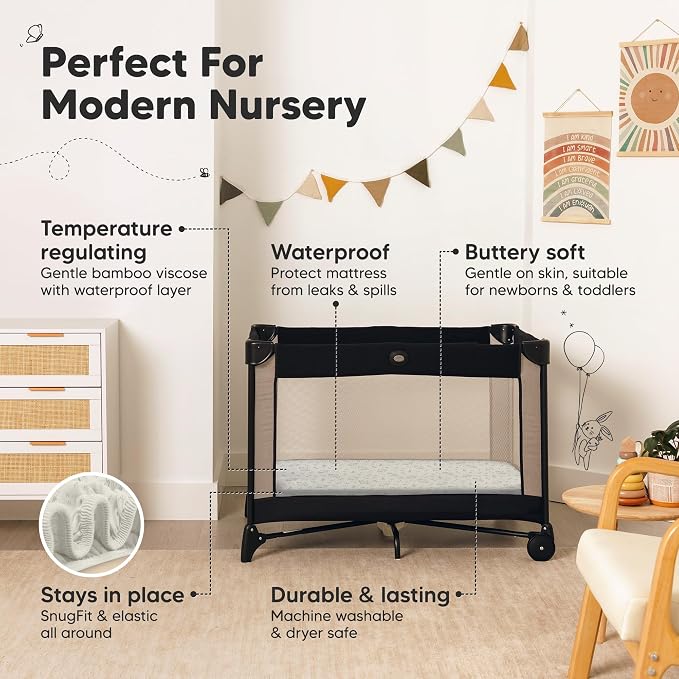 2-Pack Waterproof Pack and Play Sheets, Mini Crib Sheets Fitted for Boy, Girl - 38 x 26 Viscose from Bamboo Pack N Play Mattress Sheets for Graco, Toddler Playard Baby Crib Sheets Neutral(Pine Grove)