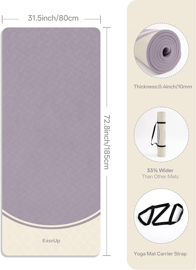 EaseUp Extra Thick Yoga Mat -2/5 inch (10MM), 72.8x31.5" Extra Long-Wide, Professional TPE Non-slip yoga mats for Yoga,Exercise, Workout,Pilates and Fitness, with strap