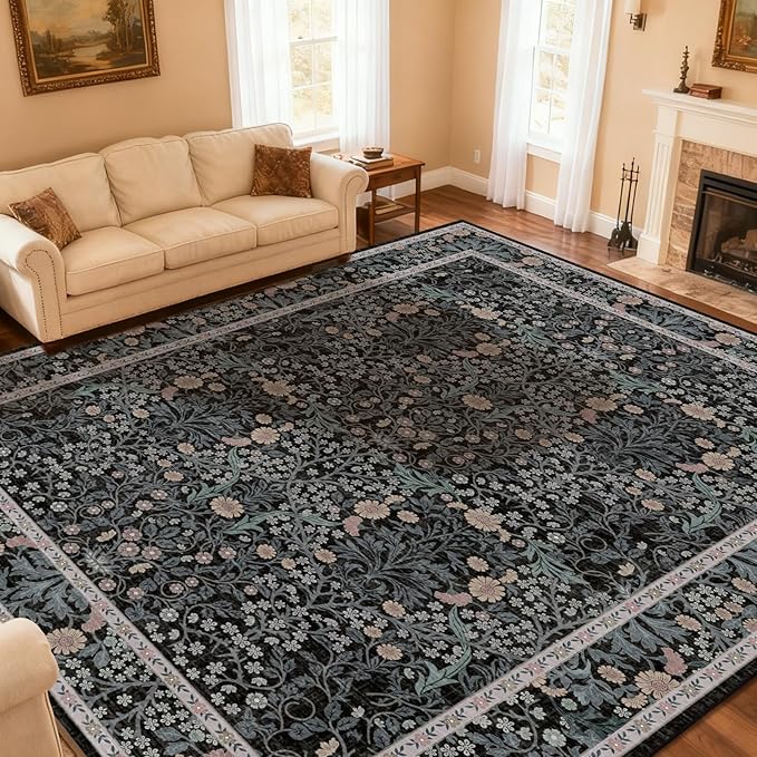Extra Large 10x14 Area Rug for Living Room, Washable Rugs for Dining Room, Bedroom, Non Slip Stain Resistant Carpet, Low Pile Vintage Floral Rug (Black)