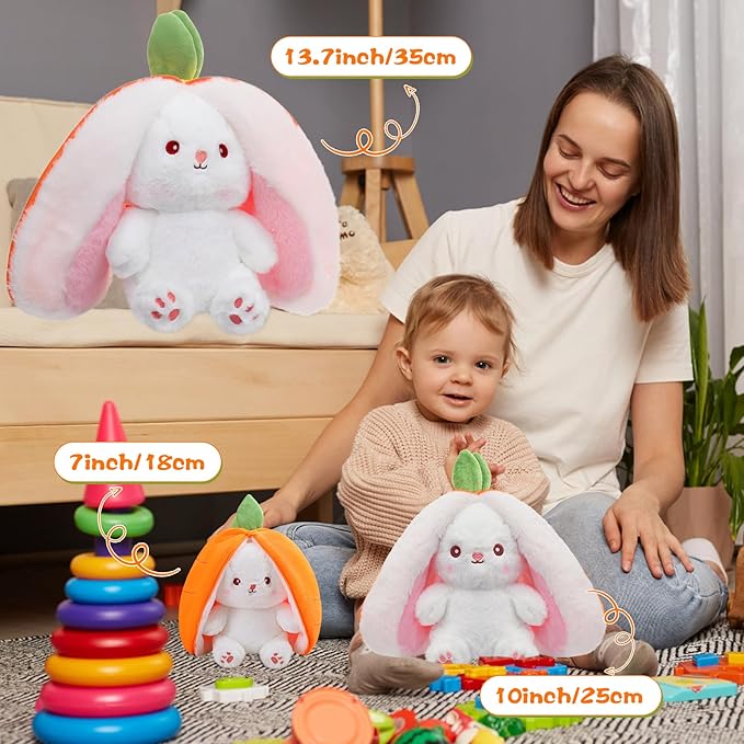 MIAODAM Reversible Carrot Bunny Stuffed Animal, Carrot Rabbit Ears Zip Plush Stuffed, Fruit Bunny Plush, Fluffy Rabbit Plushies Funny Hide Seek Bunny Toy for Girls Gifts Girlfriend