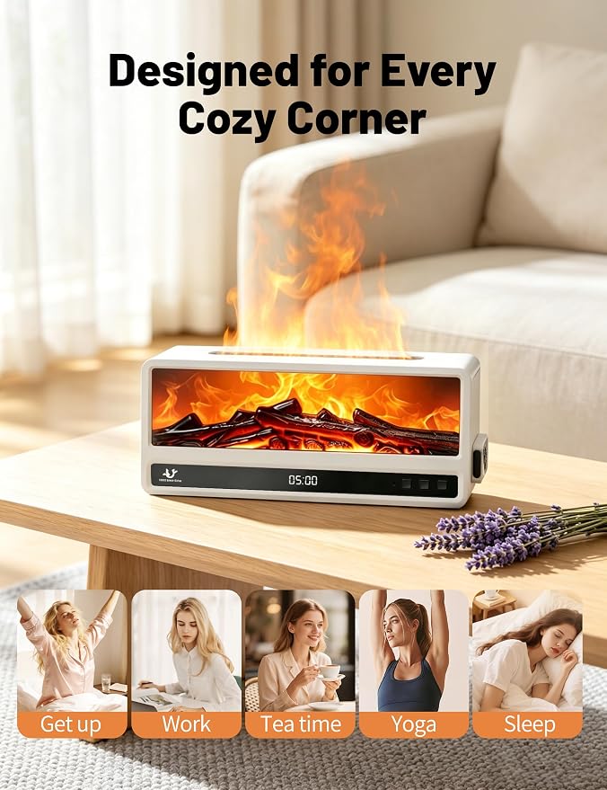 Fireplace Aroma Diffuser for Bedroom Nightstand, Essential Oil Diffuser with Realistic Flame Effect, Remote Control, Timer Auto-Off, 7 Color LED Ultrasonic Aromatherapy Diffuser for Home Office Decor