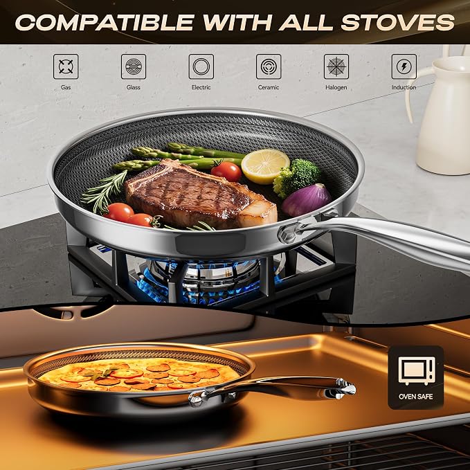 Hybrid Nonstick 8-Inch Frying Pan,Non Stick Frying Pan,PFAS PFOA PTFE Free,Stay-Cool Handle, Dishwasher-Friendly, Oven-Safe Up to 600°F, Induction Ready, Compatible with All Cooktops