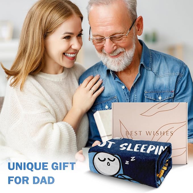 Funny Birthday Gift for Dad Husband, Dad is Not Sleeping Blanket | Dad Gifts from Daughter Son, Super Soft Throws Blanket for Couch and Napping, 60" x 50" (Blue)