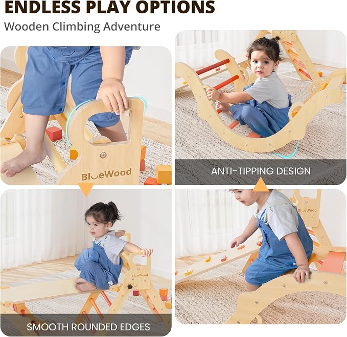BlueWood Pikler Triangle Set, Toddler Wooden Climbing Toys Indoor 7in1 Foldable Climber for Kids, Montessori Philosophy Play Jungle Gym with Arch, Ramp, Ladder (Farm Charm Autumn)