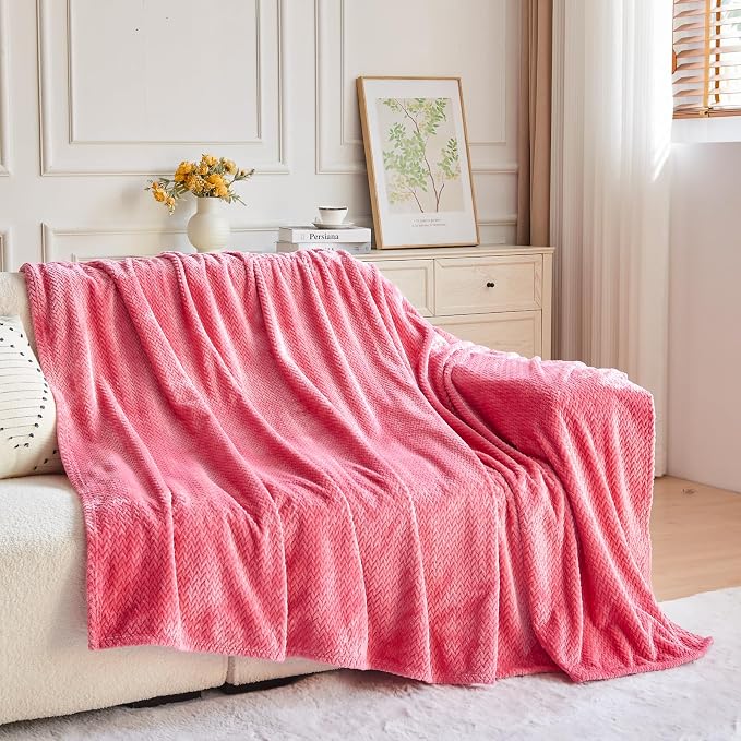NEWCOSPLAY Fleece Leaves Pattern Twin Blanket, Coral Pink, 60"x80" | Super Soft Throw Blanket, Lightweight Cozy Bed Sofa Blanket, Premium Silky Flannel Fleece, Travel Blanket for All Season Use