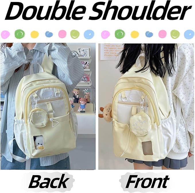 Kawaii Backpack Double Shoulder Bag with Cute Star Removable Pouch Small Clear Front Pocket Large Capacity Fits 16" Laptop Dopamine Colors Daypack (Yellow)