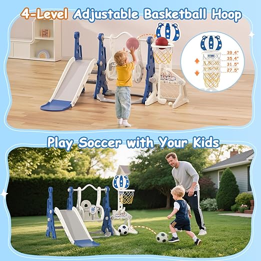 BIERUM Toddler Swing and Slide Set - 6 in 1 Baby Slide for Toddlers Age 1-2, with Basketball Hoop, Soccer and Golf Game, Indoor Outdoor Toddler Playset Blue