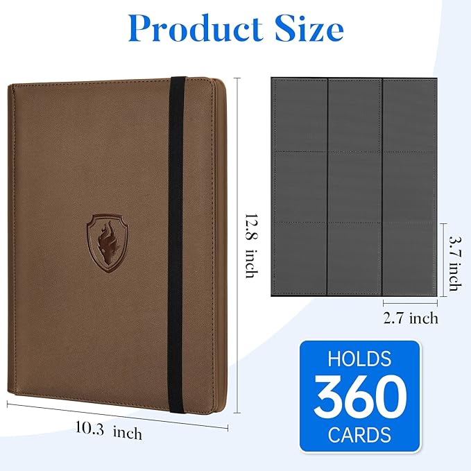 Premium 9 Pocket Card Binder for 360 Cards, Fabmaker PU Cover Trading Card Binder, Sturdy Card Collection Album, Sleek Card Holder Folders for Game Cards & Sports Cards, Brown