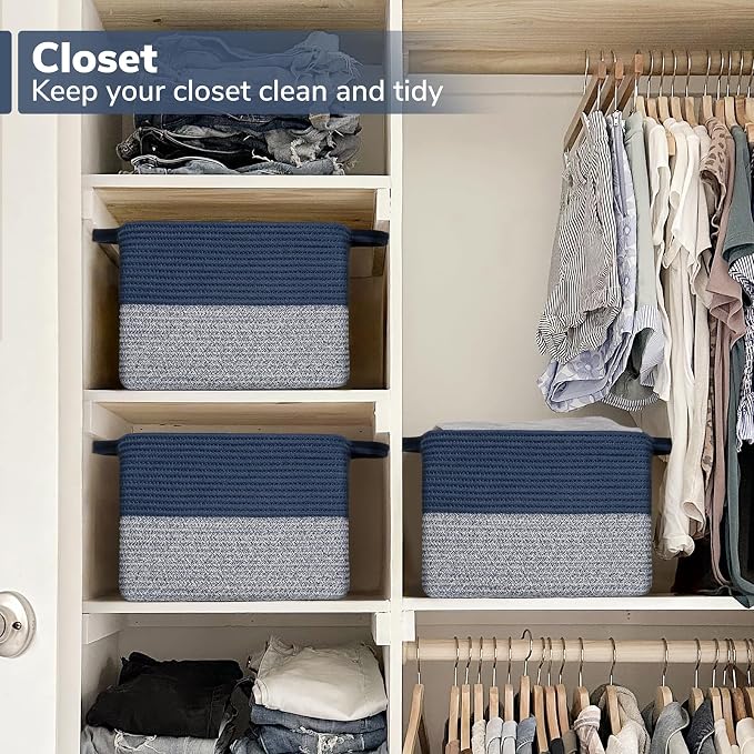 Goodpick Woven Storage Basket for Shelves, 13" x 10" x 9", Blue | Decorative Gift Basket for Nursery & Bedroom Organization, Cotton Rope Baskets for Books, Toys & Towels, Reinforced Handles