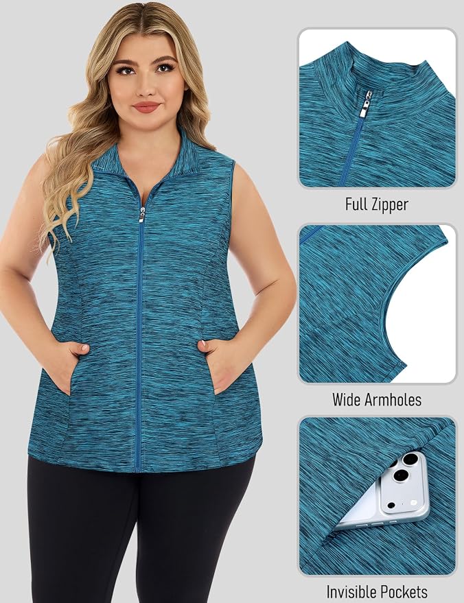 Misyula Style Plus Size Womens Golf Shirt Full-Zip with Pockets Tank Tops | Sleeveless, Quick Dry, Moisture-wicking, Lightweight Vests, Athletic, Tennis, Running, Workout, Casual, Travel, Work