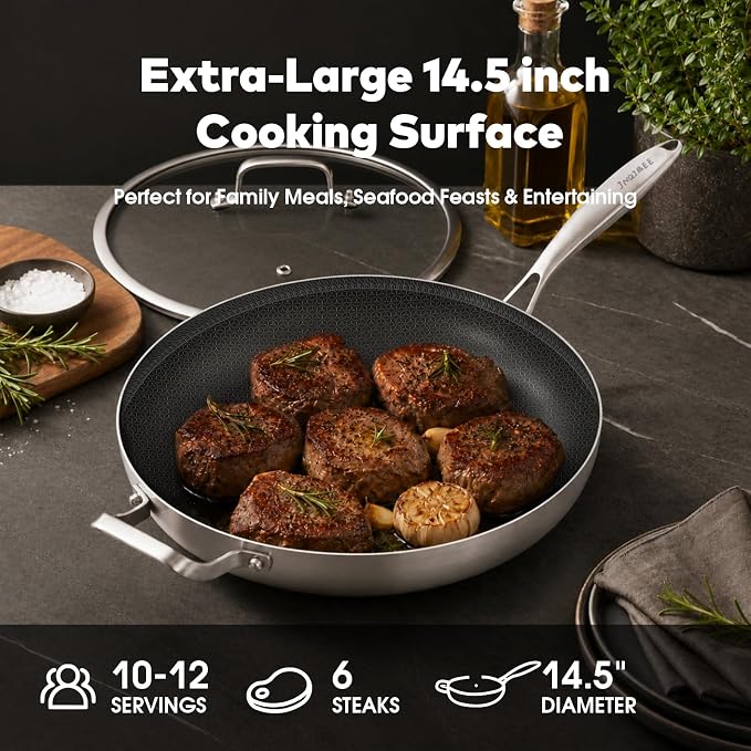 Inqibee 13 Inch Hybrid Ceramic Nonstick Chef's Pan with Lid | Tri-Ply Stainless Steel Skillet for 3-5 People, Scratch Resistant Surface, Induction Compatible, Dishwasher & Oven Safe