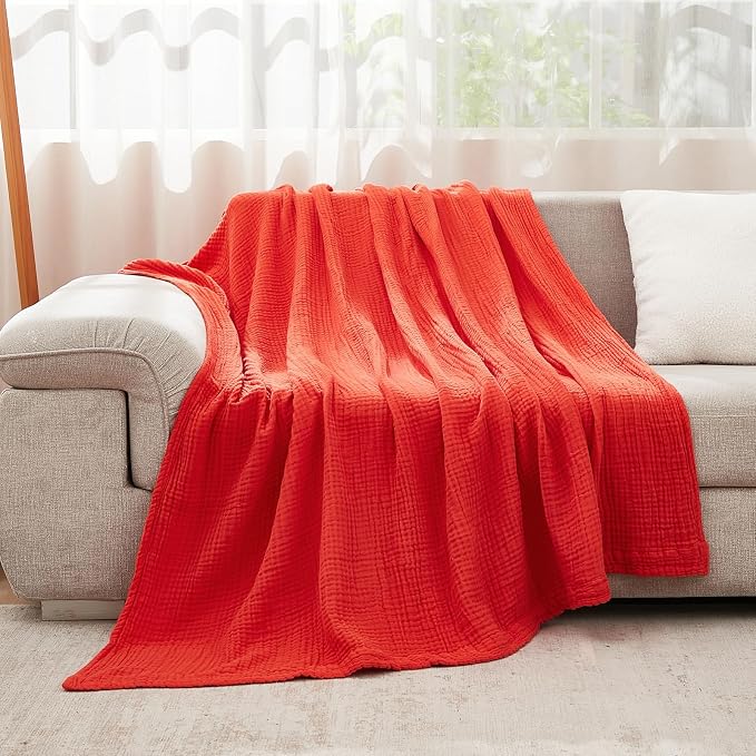 EMME Muslin Blankets for Adults Throw Blanket for Couch Breathable Gauze Soft Lightweight Airy Orange Rust Queen 90" x 90"