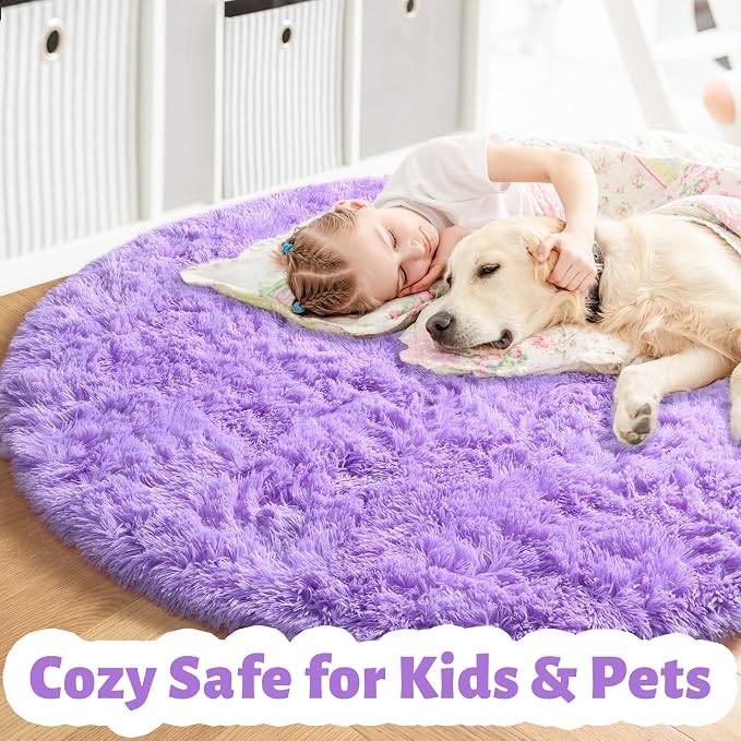 Amdrebio Purple Small Round Rug 3Ft for Girls Bedroom Decor Aesthetic, Fluffy Fuzzy Circle Area Rugs for Kids Room, Soft Cute Furry Plush Shaggy Throw Lavender Carpet for Playroom, Baby Nursery, Dorm