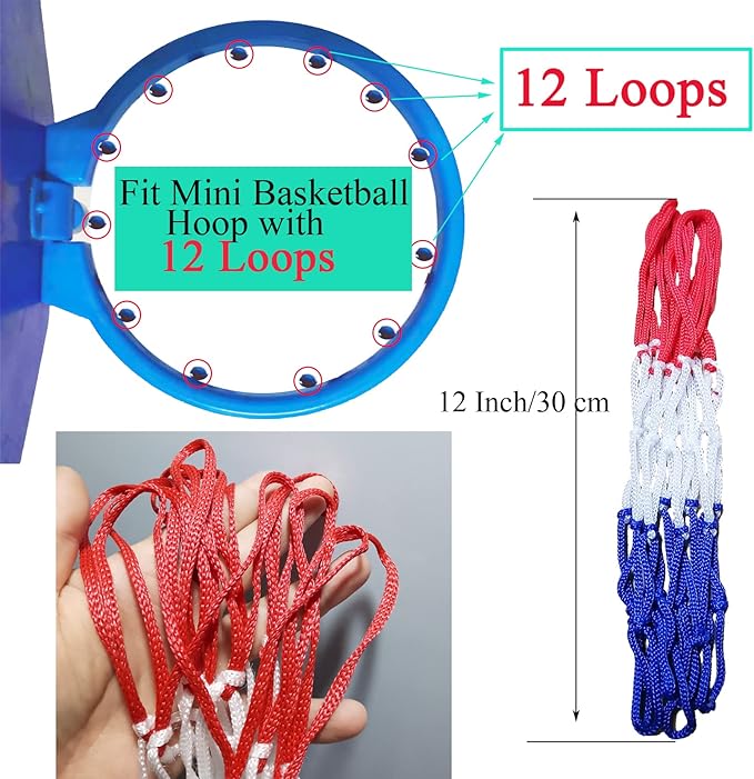Small Net Replacement for 12 Loops Mini Basketball Hoop, 8"-10.25" Rims, All Weather Anti Whip
